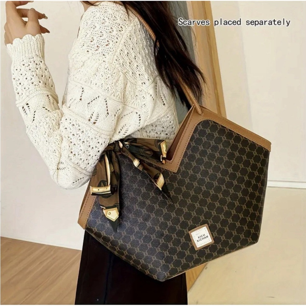 Classic Geometric Pattern Tote Purse Bag Trendy Shoulder Bag Brown Scarf Decor - Picture 4 of 9